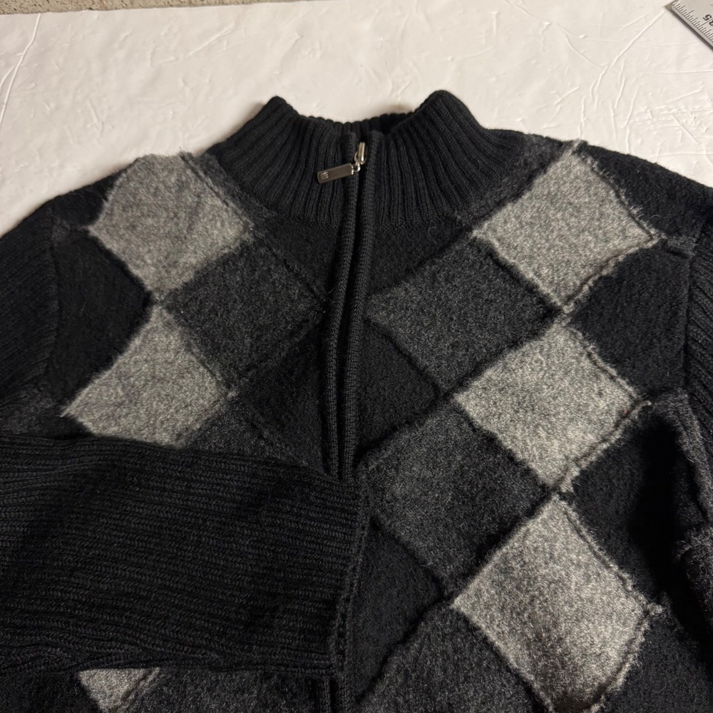 Marisa Christina Wool Argyle Full Zip Sweater Black Grey Patchwork XL